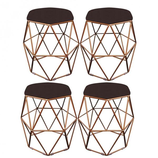 Kit 04 Puff Banqueta Aramado Luna Hexágono Base Bronze Corino