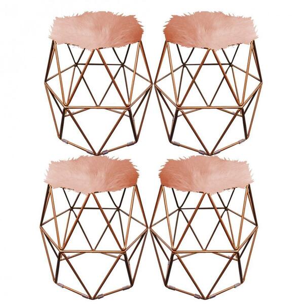 Kit 04 Puff Banqueta Aramado Luna Hexágono Base Bronze Pelúci