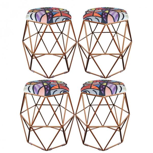 Kit 04 Puff Banqueta Aramado Luna Hexágono Base Bronze Romero
