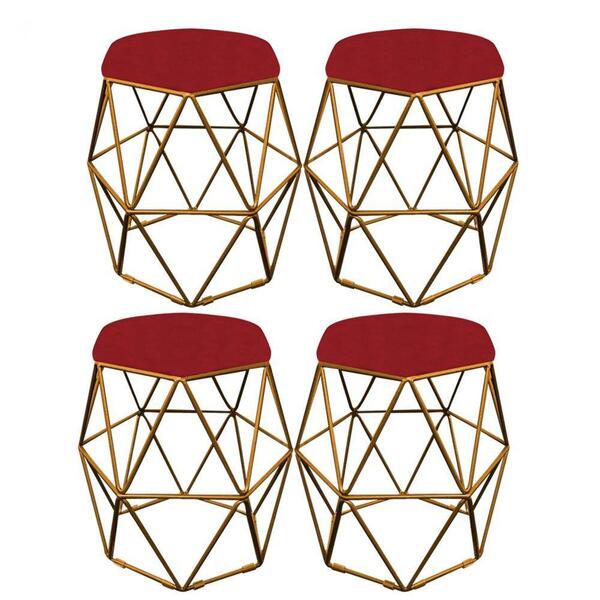 Kit 04 Puff Banqueta Aramado Luna Hexágono Base Dourado Corin
