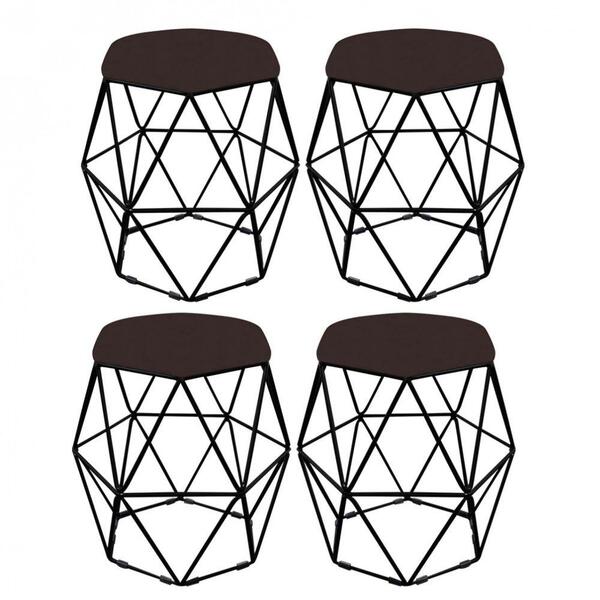 Kit 04 Puff Banqueta Aramado Luna Hexágono Base Preto Corino