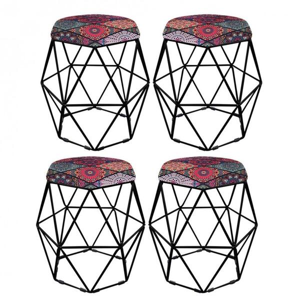 Kit 04 Puff Banqueta Aramado Luna Hexágono Base Preto Mandala