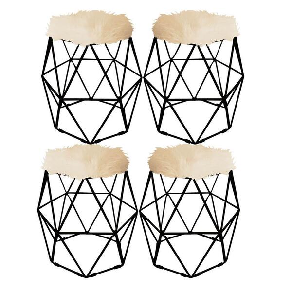 Kit 04 Puff Banqueta Luna Aramado Hexágono Preto Pelúcia Dour