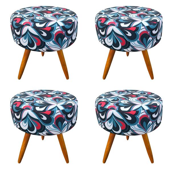 Kit 04 Puffs Banqueta Berlim Redondo Estampado Floral Azul Pé