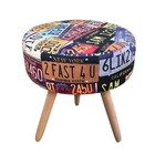 Kit 04 Puffs Banqueta Berlim Redondo Estampado Placas Pés Nat