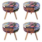 Kit 04 Puffs Banqueta Berlim Redondo Estampado Placas Pés Nat