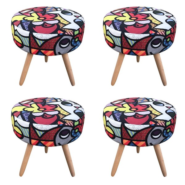 Kit 04 Puffs Banqueta Berlim Redondo Estampado Romero Britto