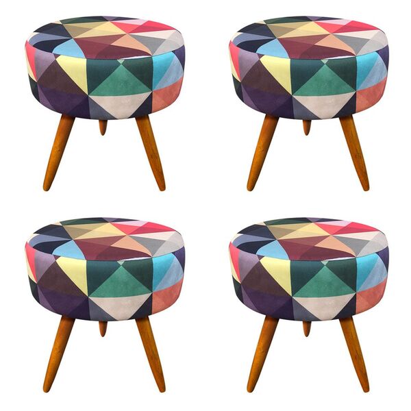 Kit 04 Puffs Banqueta Berlim Redondo Estampado Triângulo Pés