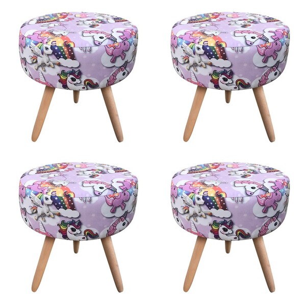 Kit 04 Puffs Banqueta Berlim Redondo Estampado Unicórnio Pés