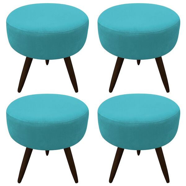 Kit 04 Puffs Banqueta Berlim Redondo Suede Azul Turquesa Pés
