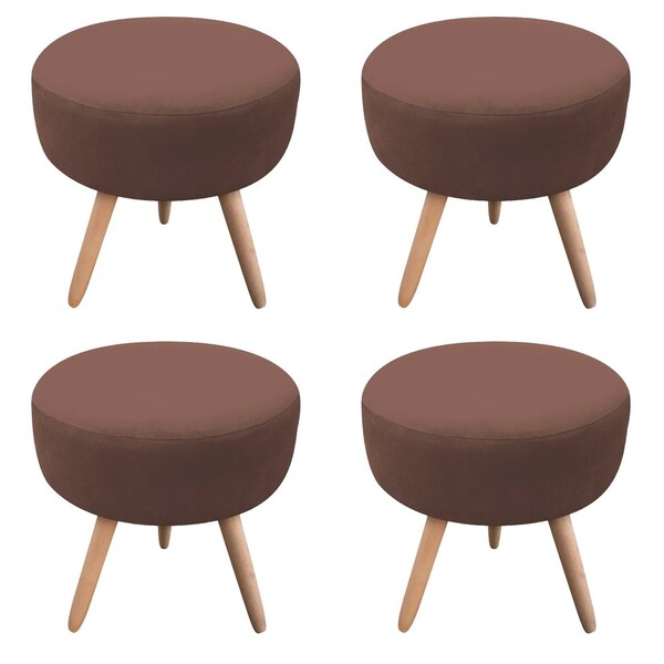 Kit 04 Puffs Banqueta Berlim Redondo Suede Marrom Pés Natural