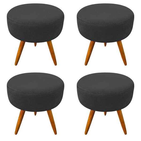 Kit 04 Puffs Banqueta Berlim Redondo Suede Preto Pés Castanho
