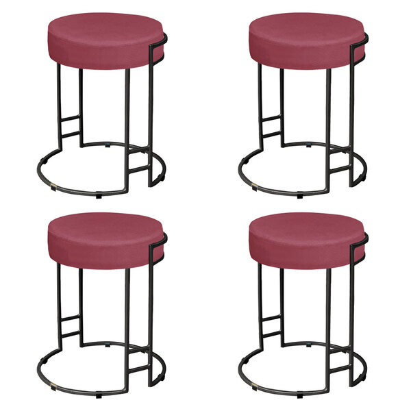 Kit 04 Puffs Dara Suede Rosa Base Industrial Preto - D'rossi