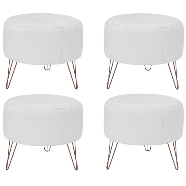 Kit 04 Puffs Decorativos Redondo Pés Metal Couro Branco Fosco