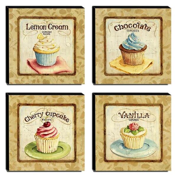 Kit 04 Quadros Cozinha Vintage Cupcake Canvas 30x30cm-coz04