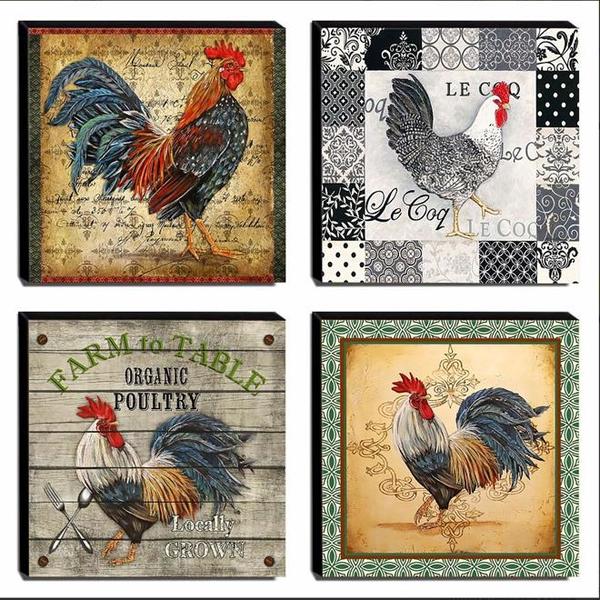 Kit 04 Quadros Cozinha Vintage Galos Canvas 30x30cm-coz223