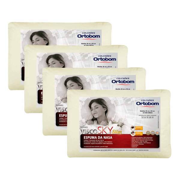 Kit 04 Travesseiros Nasa Antialergico Visco Sky Slim - Ortobom