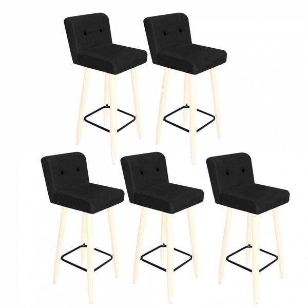 Kit 05 Banqueta Alta Branco Botão Preto Corino Preto