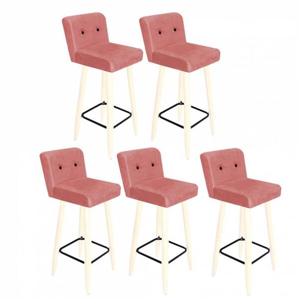 Kit 05 Banqueta Alta Branco Botão Preto Suede Rose Gold