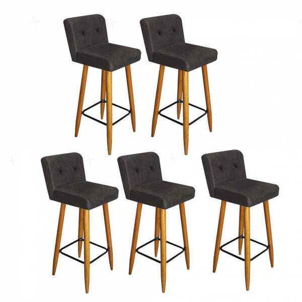Kit 05 Banqueta Alta Castanho Botão Corino Cinza