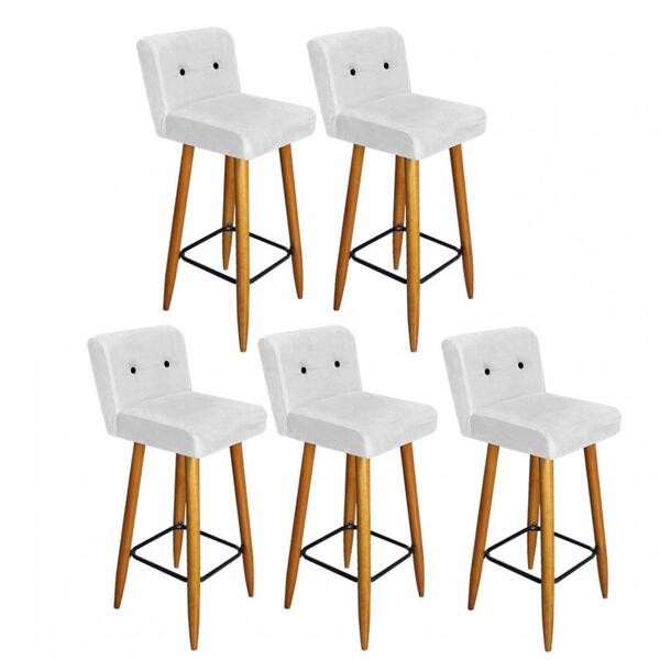 Kit 05 Banqueta Alta Castanho Botão Preto Corino Branco