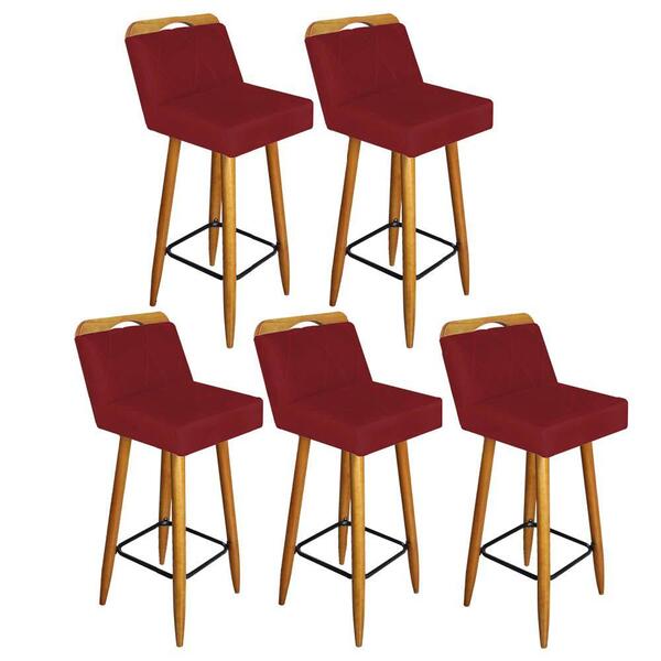 Kit 05 Banqueta Alta Encosto Lith Castanho Suede Vermelho