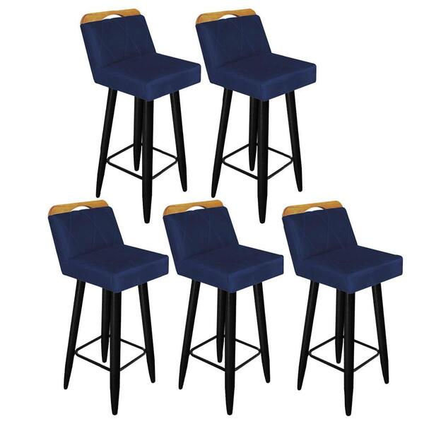 Kit 05 Banqueta Alta Encosto Lith Preto Suede Azul Marinho