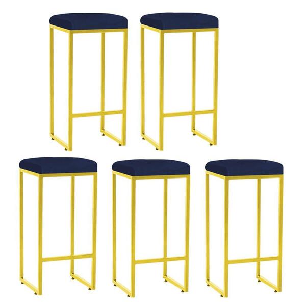 Kit 05 Banqueta Alta Lara Ferro Dourado Azul Marinho