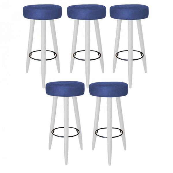 Kit 05 Banqueta Alta Lia Branco Suede Azul Marinho