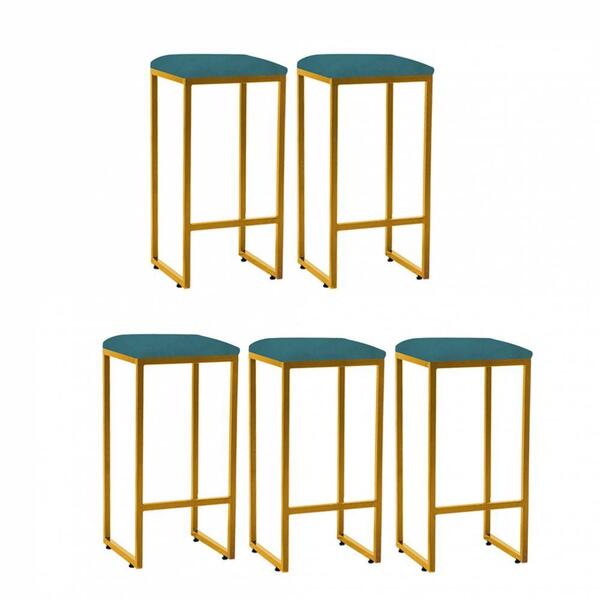 Kit 05 Banqueta Alta Lua Dourado Suede Azul Turquesa