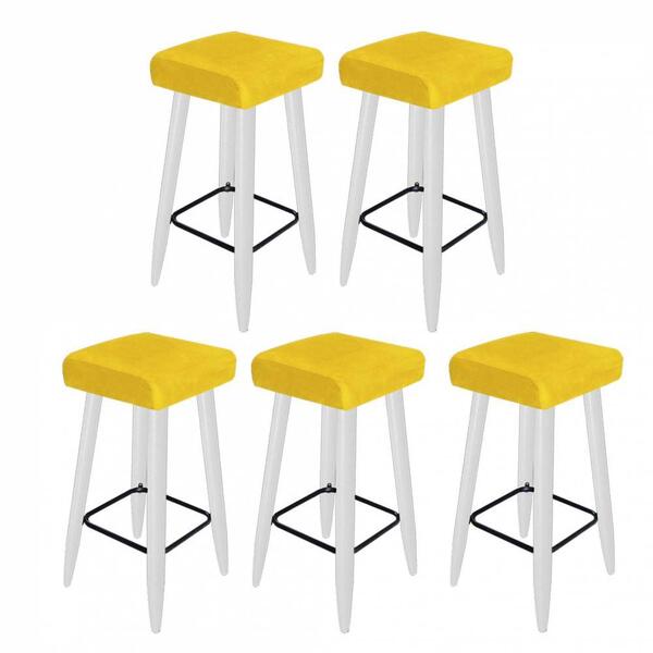 Kit 05 Banqueta Alta Quadrado Branco Suede Amarelo