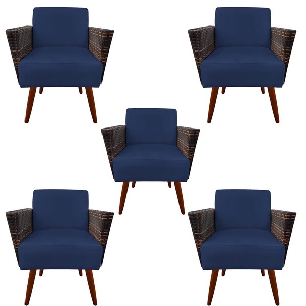 Kit 05 Poltronas Chanel Braça Tramada Pés Palito Suede Azul M