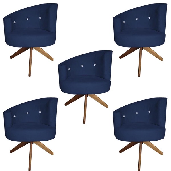 Kit 05 Poltronas Decorativa Giovana Base Giratória Suede Azul