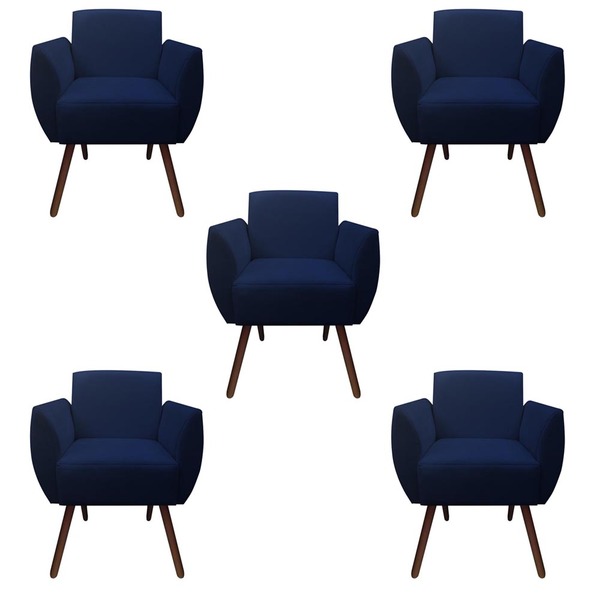 Kit 05 Poltronas Decorativa Kelly Pés Palito Suede Azul Marin