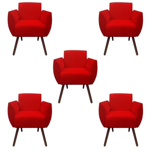 Kit 05 Poltronas Decorativa Kelly Pés Palito Suede Vermelho -