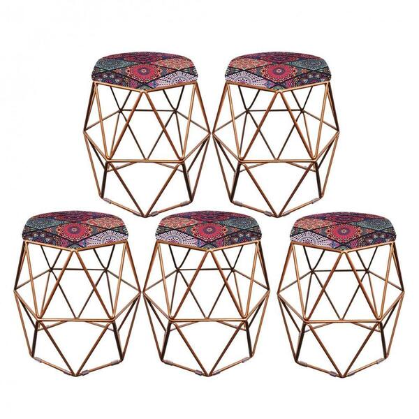 Kit 05 Puff Banqueta Aramado Luna Hexágono Base Bronze Mandal
