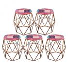 Kit 05 Puff Banqueta Aramado Luna Hexágono Base Bronze Patchw