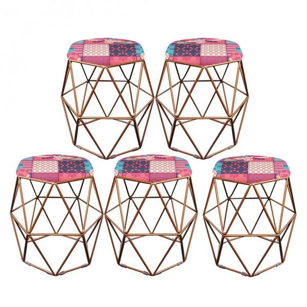 Kit 05 Puff Banqueta Aramado Luna Hexágono Base Bronze Patchw