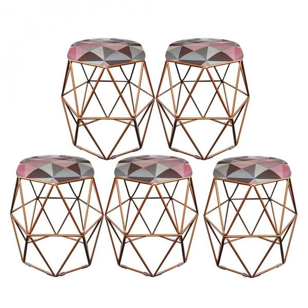 Kit 05 Puff Banqueta Aramado Luna Hexágono Base Bronze Triâng