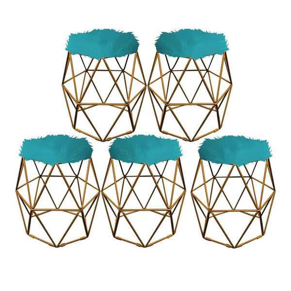 Kit 05 Puff Banqueta Luna Aramado Hexágono Dourado Pelúcia Az