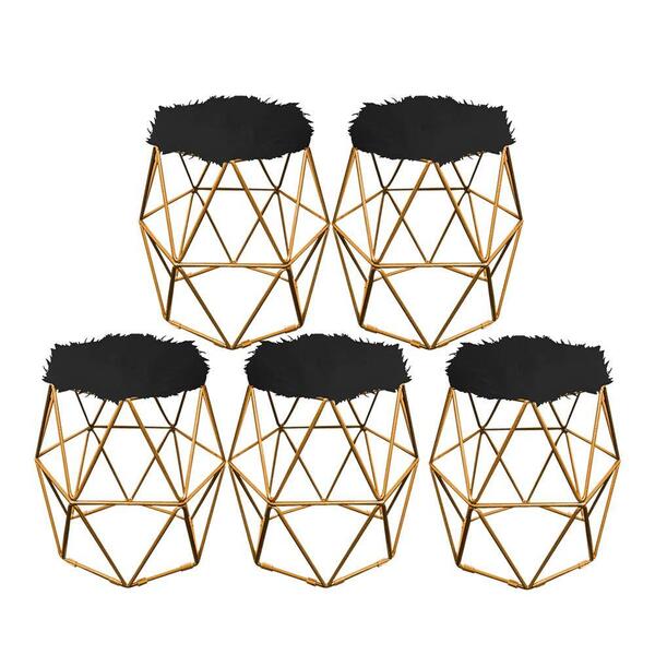 Kit 05 Puff Banqueta Luna Aramado Hexágono Dourado Pelúcia Pr