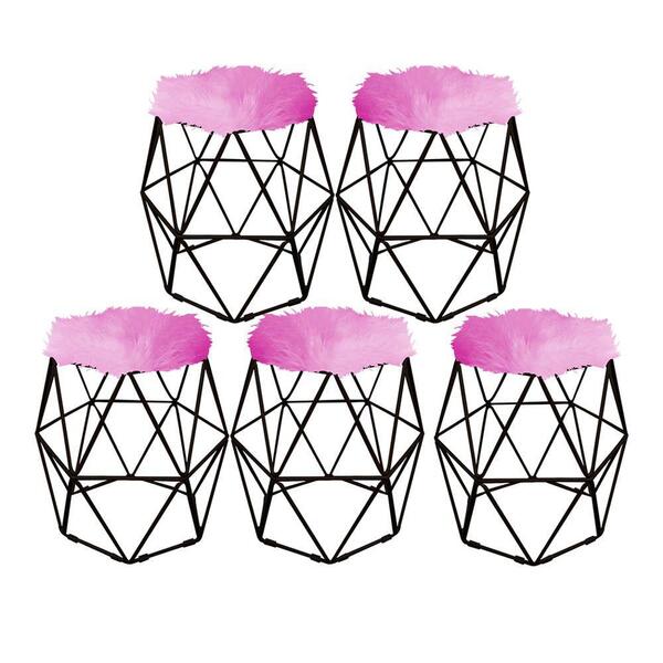 Kit 05 Puff Banqueta Luna Aramado Hexágono Preto Pelúcia Pink