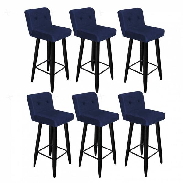 Kit 06 Banqueta Alta Com Lana Preto Botão Azul Marinho
