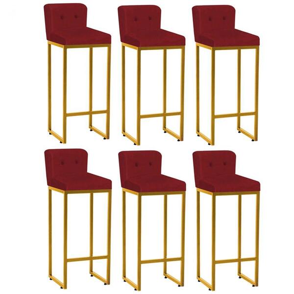Kit 06 Banqueta Alta Ferro Dourado Botão Vermelho
