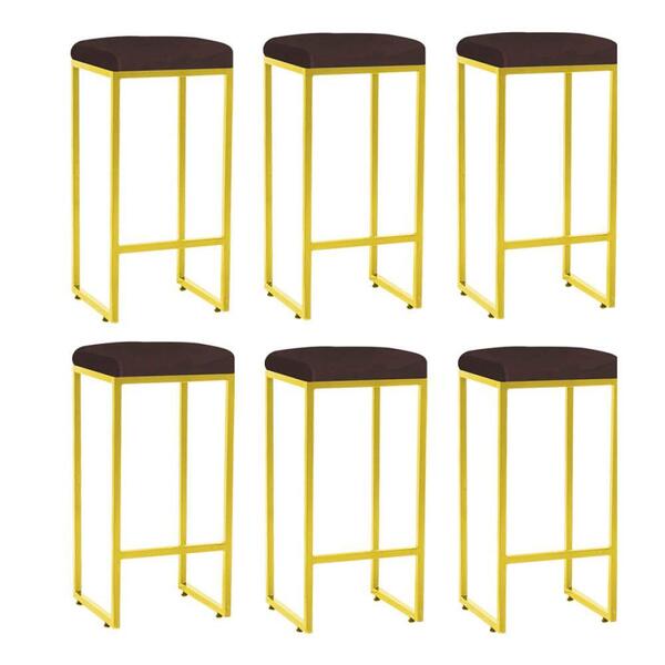 Kit 06 Banqueta Alta Lara Ferro Dourado Marrom