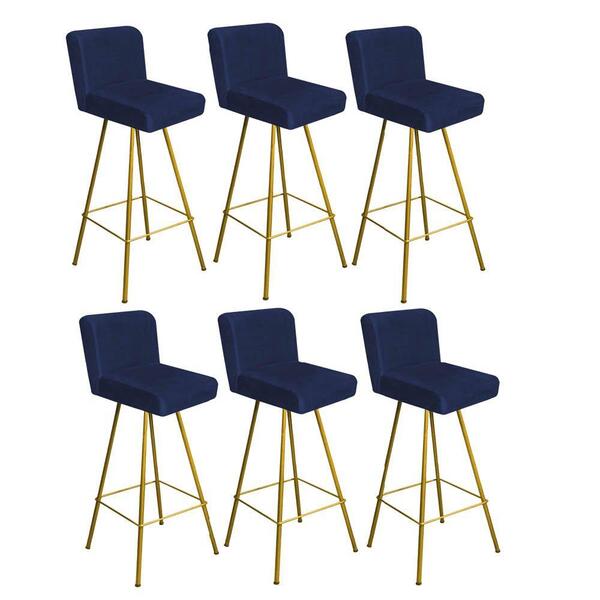Kit 06 Banqueta Alta Lexi Dourado Suede Azul Marinho