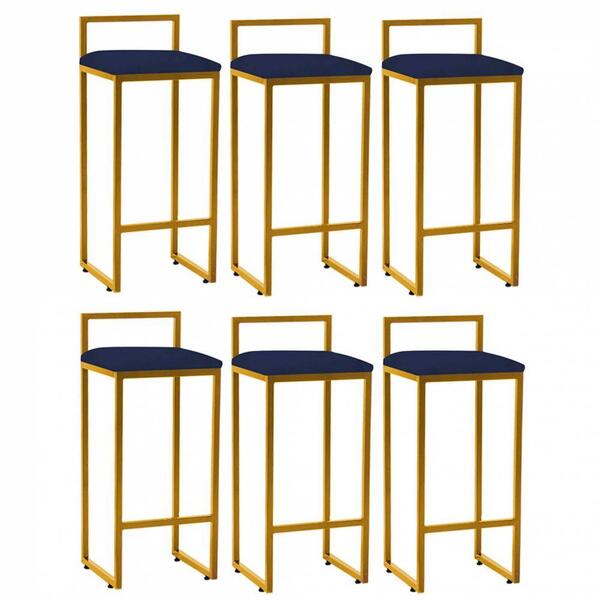 Kit 06 Banqueta Alta Lina Dourado Azul Marinho