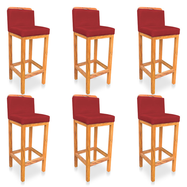 Kit 06 Banquetas Alta Rubi Veludo Vermelho Base Fixa De Madei