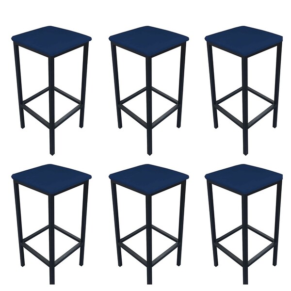 Kit 06 Banquetas Industrial Donna Suede Azul Marinho Base Pre