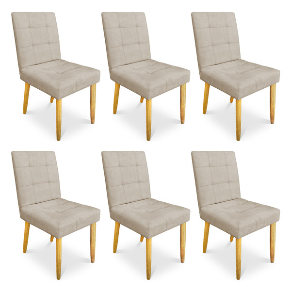 Kit 06 Cadeiras De Jantar Bia Suede Bege Pés Palito Castanho